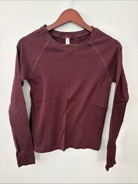 Athleta Waffle Crewneck Long Sleeve Top - Burgundy with Silver Sparkle Detail